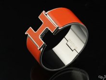 Hermes Orange Enamel Clic H Bracelet Narrow Width (33mm) In Silver